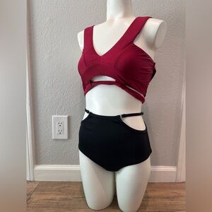NEW Zasha Polewear Pole Set Red V Top and Black Cutout Bottoms 4 S